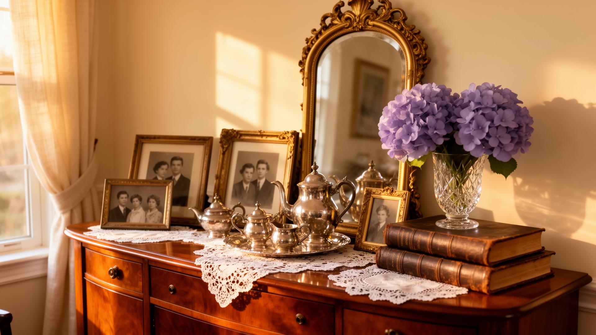Elegant estate sale display with vintage heirlooms and family photographs